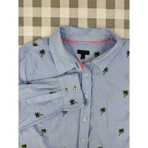 Palm Tree Embroidered Button Down Blue Coastal Linen Look Petite